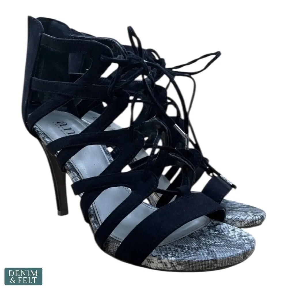 a.n.a Willa Black Strappy Lace Up Heels Snakeskin Detail Women’s‎ 7.5M